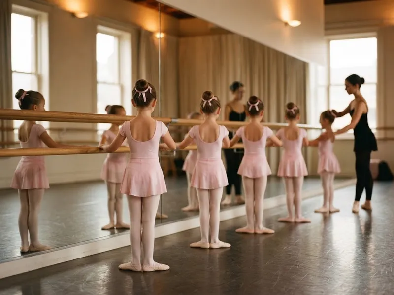 Uma aula de ballet infantil na barra, vista ao espelho