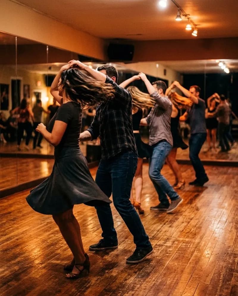 Bailarinos de salsa a rodar sob as luzes do estúdio