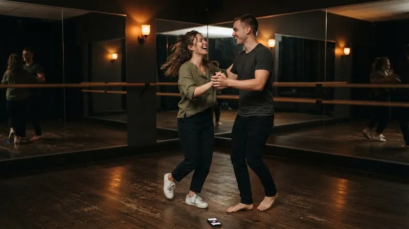 Um casal a ensaiar a primeira dança do casamento no estúdio